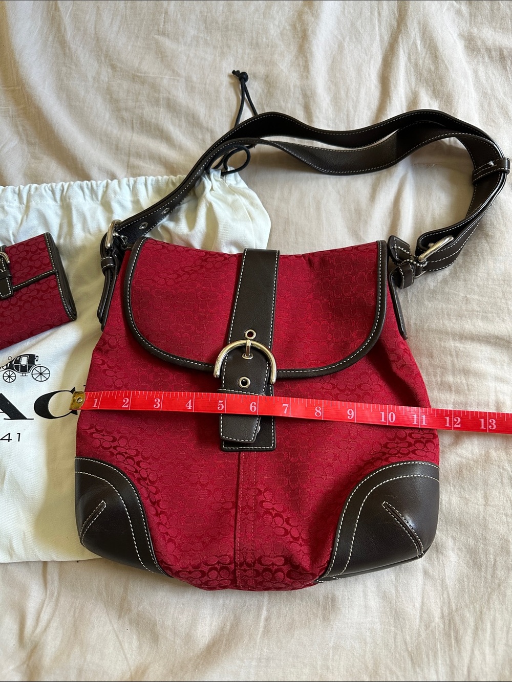 Coach Red Signature Canvas Shoulder Bag with Dark Brown Leather Trim - Picture 2 of 11